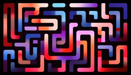  colorful abstract gradient maze with rounded geometric paths on black background for modern web design, print template, tech branding or poster artwork