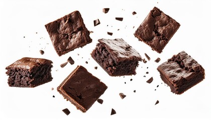  floating rich chocolate brownie with glossy ganache swirl and cocoa powder splash on white background ideal for dessert ad, web banner, or bakery branding