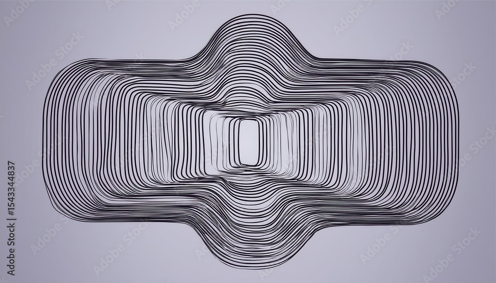 Poster abstract 3d optical line art shape with symmetrical black contour loops on gradient violet backgroun