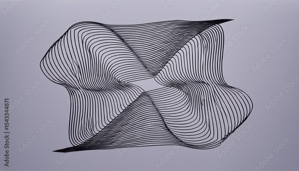 Poster abstract 3d optical line art shape with symmetrical black contour loops on gradient violet backgroun