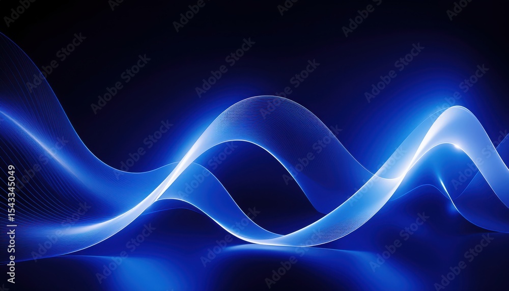 Poster dynamic glowing blue lightwave on dark background with smooth gradients and abstract curves, ideal f