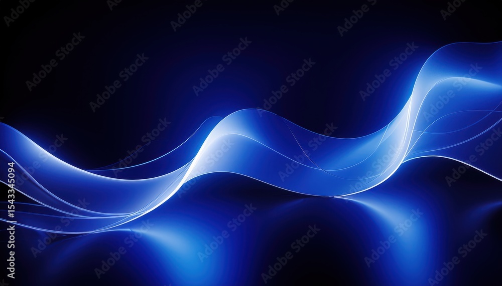 Poster dynamic glowing blue lightwave on dark background with smooth gradients and abstract curves, ideal f