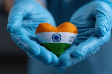 Gloved hands cradle a heartshaped cushion adorned with the Indian flag