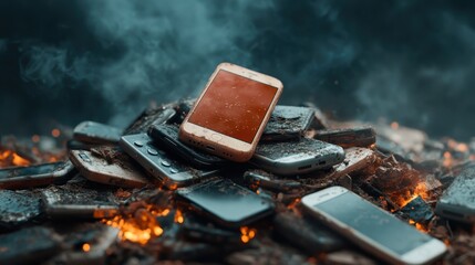 This striking image depicts a chaotic pile of ruined phones smoldering amidst smoke and flames, effectively conveying themes of technology's decline and the consequences of modern disposal.