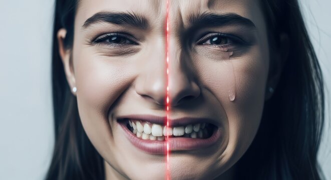 Split emotions: half face of smiling and crying woman with laser line