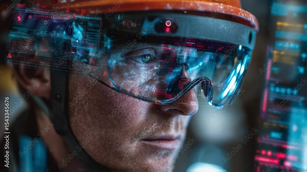 Poster industrial engineer wearing ar goggles analyzing holographic data with futuristic interface in a mod