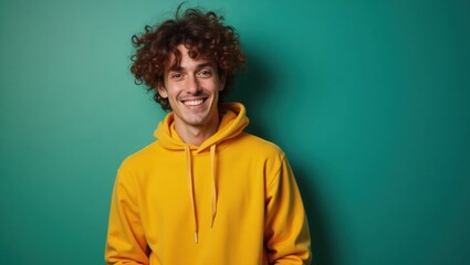 Retrato divertido de un joven con cabello rizado desordenado, guiñando un ojo, con una sudadera con capucha de color amarillo brillante, sobre un fondo verde azulado