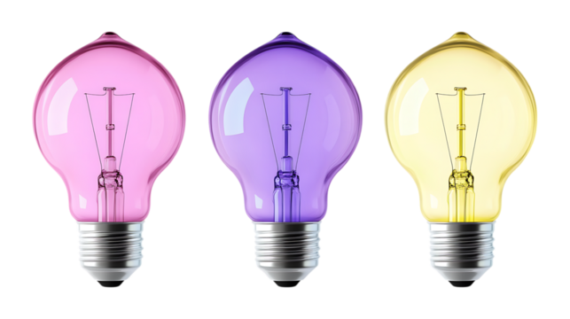 Pack Collection Pink Purple Yellow Vintage Edison Bulbs Retro Lighting Design Elements set against transparent background