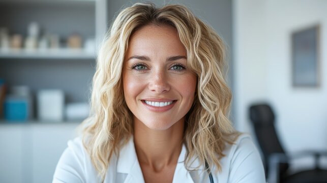 This portrait features a cheerful healthcare professional in a white coat, showcasing a warm smile that emphasizes compassion and approachability in the field of medicine and patient care.