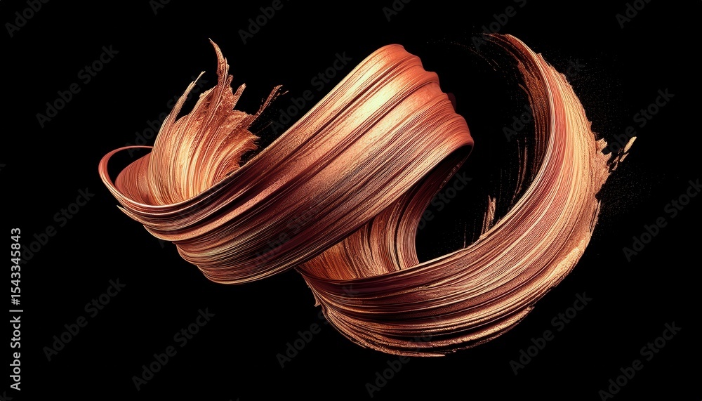 Poster dynamic copper brushstroke swirl on black background with metallic texture and light reflections for