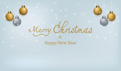 Merry Merry Christmas and Happy New Year. Greeting card with ball ornaments and snowflake on light gray background