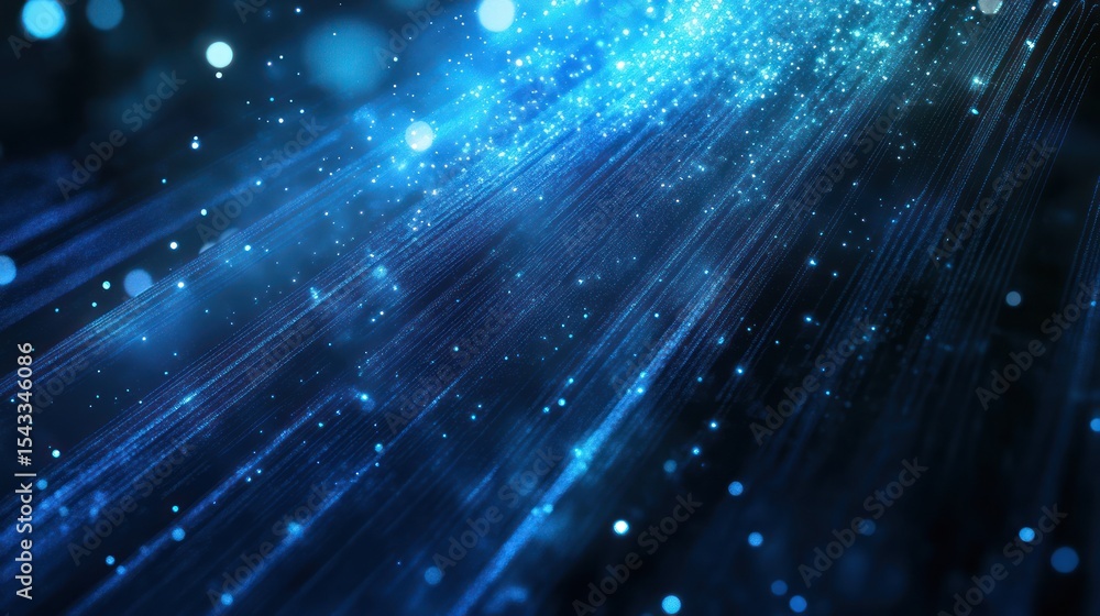 Poster deep blue abstract background with light rays and glittering particles
