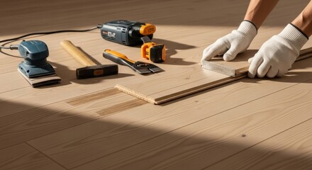 Hardwood floor installation with tools on sunlit wooden surface