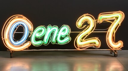 A colorful neon sign displaying letters and numerals on a frame