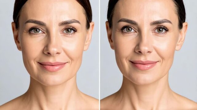 Mature woman face comparison, before and after cosmetic procedure or skin treatment, showing visible difference and skin improvement for youthful appearance