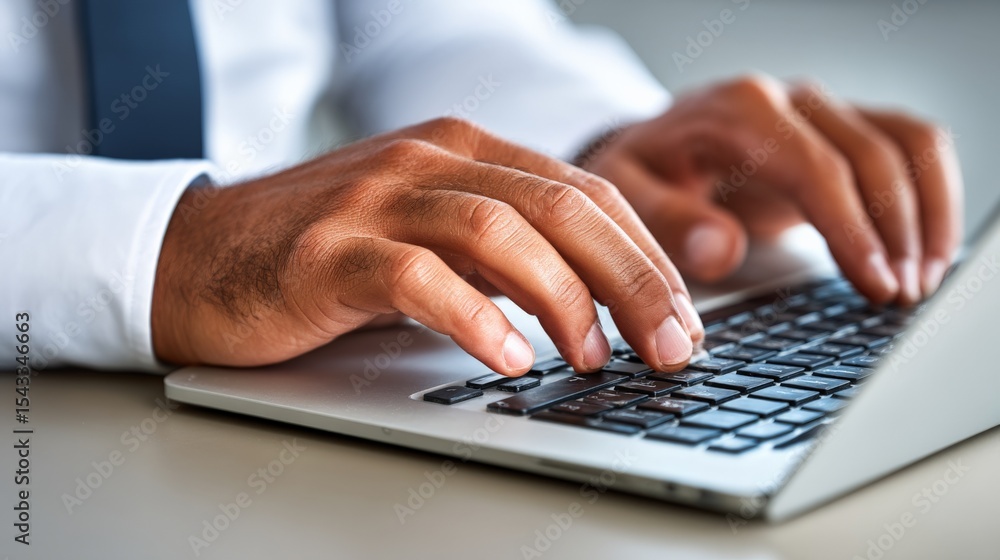 Poster close-up of a man's hands typing on a laptop keyboard in a professional setting