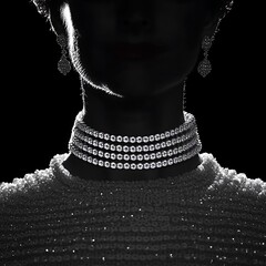 A woman is wearing luxury jewelry in a dramatic silhouette