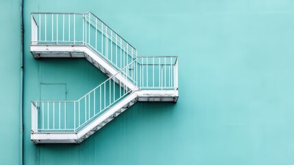 A striking modern staircase design in a geometric pattern against a bright blue wall, symbolizing movement, direction, and contemporary architectural aesthetics.