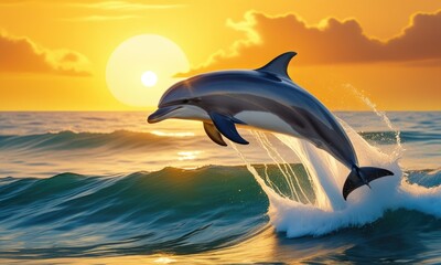 Majestic dolphin leaping through ocean waves at sunset © PlatypusMi86
