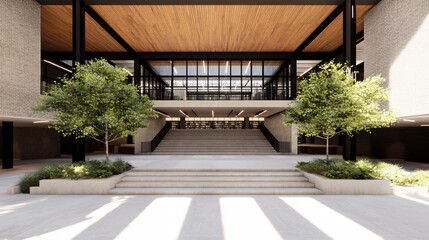 A university library designed with open courtyards, abundant indoor planting, and natural wood ceilings, providing a peaceful and stimulating environment for academic study and contemplation.