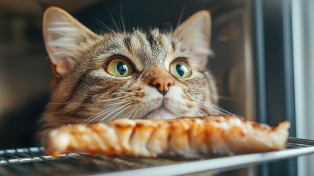 A close-up of a curious cat with striking green eyes, intently gazing at a piece of fish, portraying hunger and anticipation in a cozy kitchen setting.