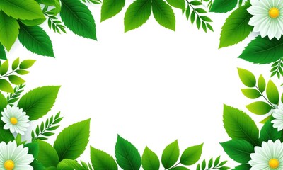 Floral border with green leaves and white daisies on white background