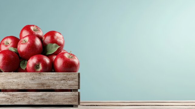 A rustic wooden crate filled with bright red apples creates a charming agricultural scene, symbolizing freshness, health, and the simple pleasures of food and nature.