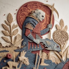 Obraz premium A sculpted figure carrying a fish, surrounded by detailed foliage and textures.