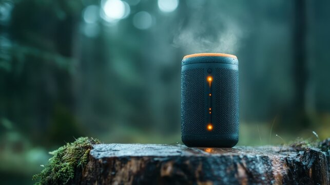A modern portable speaker rests on a mossy log in a serene forest backdrop, emitting steam, highlighting a fusion of technology and nature with an adventurous spirit.