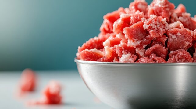 A close-up of freshly cut raw meat presented in a stainless steel bowl, showing textures and colors that evoke thoughts of culinary creation and the art of cooking.