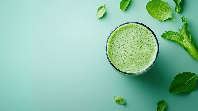 A refreshing green smoothie sits on a light background, surrounded by fresh leafy vegetables, embodying a healthy lifestyle and vibrant nutrition.