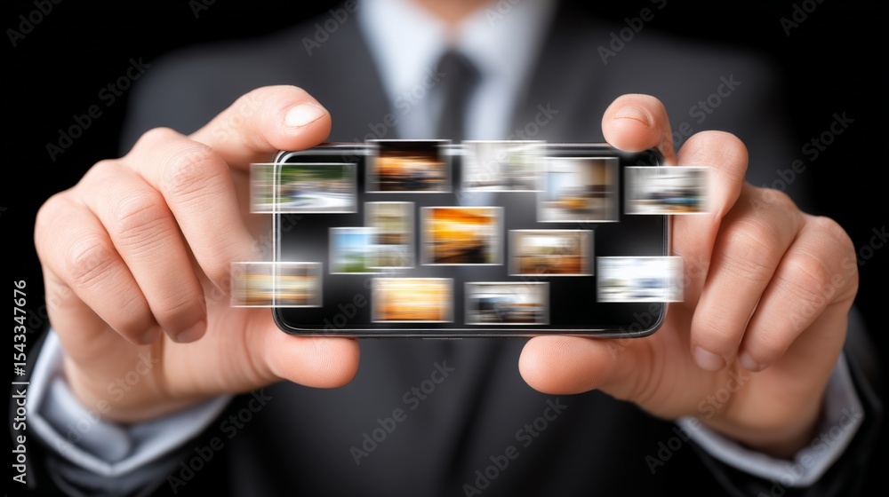 Poster businessman holding smartphone with multiple blurred images on screen, showcasing technology and com