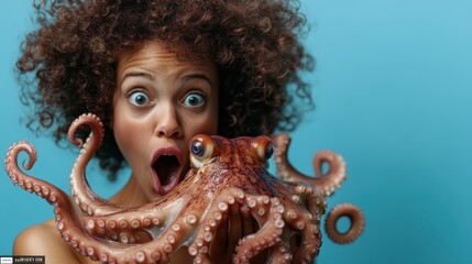 An expressive and playful portrait of a surprised woman holding an octopus, capturing a moment of amazement and uniqueness that evokes curiosity and a sense of adventure.
