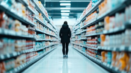 An individual stands alone in the supermarket aisle, surrounded by colorful products, capturing a moment of solitude that reflects contemporary consumer culture and personal experience.