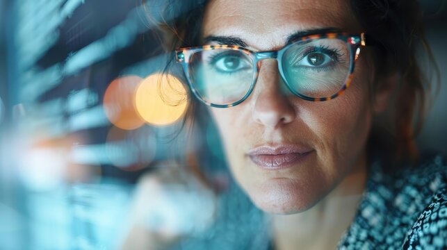 A determined businesswoman gazes thoughtfully at a digital screen filled with data, embodying focus and ambition while navigating through the complexities of modern business challenges.