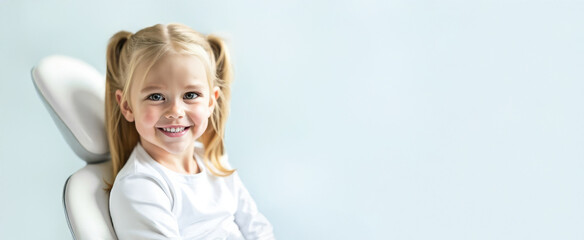 Banner with little blonde girl in dentist's chair, satisfied with treatment, on light background with space for text. Children's dentistry, routine checkup, no fear of treatment and pain