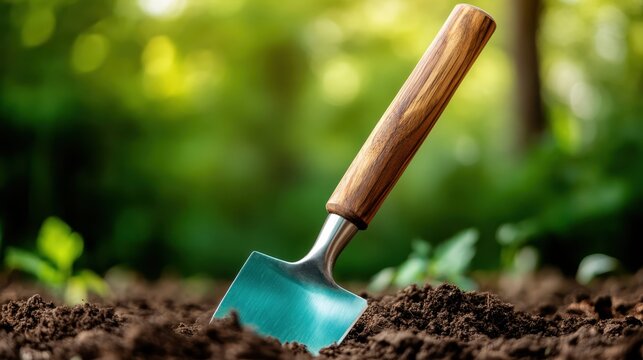 A wooden-handled shovel is nestled in rich soil, symbolizing the joy of gardening and the connection between humans and nature while preparing for planting and growth.