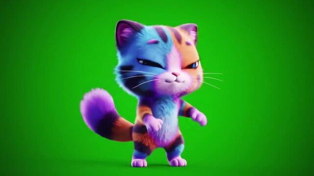 A 3D cartoon cat dancing disco with funky moves on a solid green screen, colorful character design, fun cartoon vibe