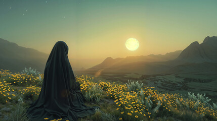 Silhouetted figure in flowing robes standing among wildflowers during golden sunset in mountainous landscape with dramatic lighting and peaceful atmosphere. Islamic wallpaper background