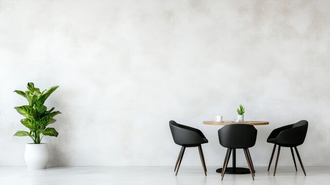 A simplistic yet elegant dining space featuring a round wooden table and black chairs against a textured wall, exuding a harmonious blend of modernity and comfort.