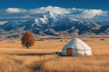 landscape with nomadic yurt on a field in highlands on the background of mountains in autumn in Asia in Kazakhstan