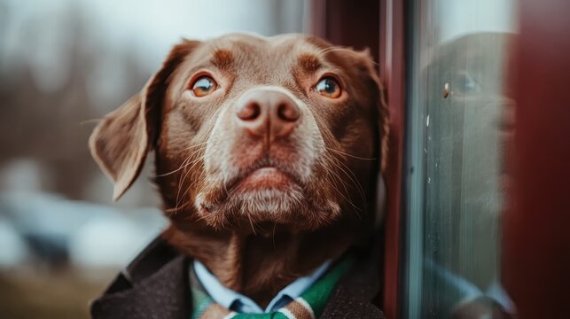 A brown dog with expressive eyes gazes thoughtfully while dressed in a formal shirt and coat, showcasing a blend of elegance and canine charm in a unique portrait.