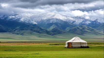 landscape with nomadic yurt on a green field in highlands against the background of mountains in spring in Asia in Kyrgyzstan
