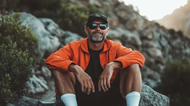 A smiling man dressed in an orange jacket and sunglasses sits on rocks amidst nature, radiating a carefree spirit and love for outdoor adventures and exploration. - Powered by Adobe