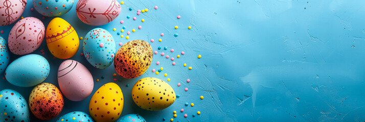 Flat lay of colorful Easter eggs in shades of blue, pink, orange, yellow, and red with subtle speckling details, neatly arranged on bright blue background with space for text, festive spring theme
