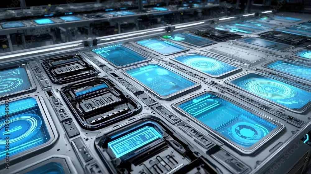 Poster complex server architecture with glowing blue lights and intricate details showcasing advanced compu
