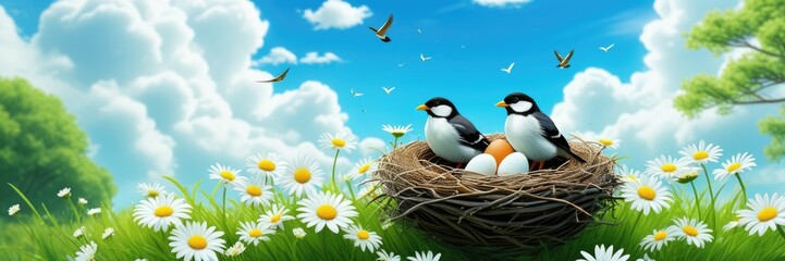 Naklejka premium Penguin nesting pair in vibrant daisy field under clear blue sky with flying birds