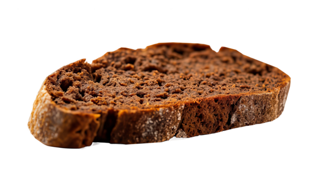 Slice of Pumpernickel Bread on white Background. The image shows a single slice of dark brown pumpernickel bread against a dark background. The bread has a dense