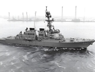 Modern naval vessel sailing in a misty sea environment with industrial backdrop