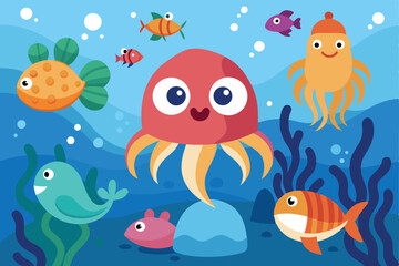 underwater inhabitants cartoon aquatic animals in